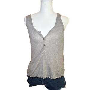 Truly Madly Deeply Gray Ribbed Henley Tank Top Womens L Lettuce Hem Y2K Casual